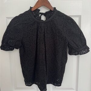 Madewell Black Eyelet Tie-Back Puff Sleeve Blouse